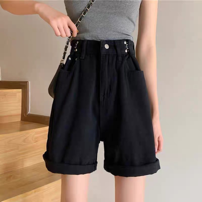 Quần short jean nữ KABICO quần short nữ ngắn kaki cạp cao ống rộng xắn gấu phong cách C41