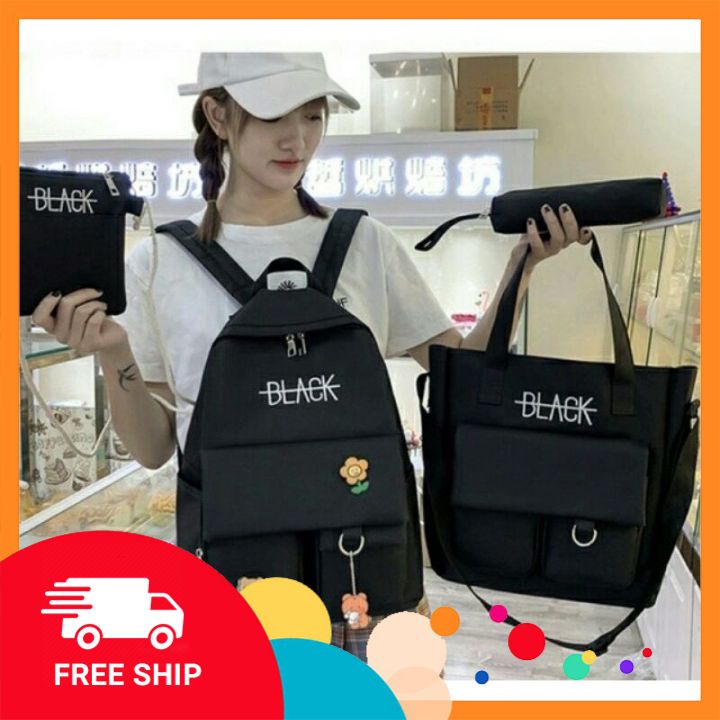 Set 4  món - Balo, Túi Tote, Ví, Bóp Viết hoạ tiết chữ BLACK