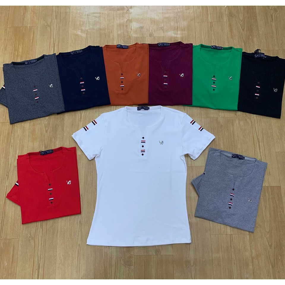 ÁO THUN CỔ TRÒN KIỂU 3 NÚT, TAY PHỐI DÂY, GẮN LOGO
