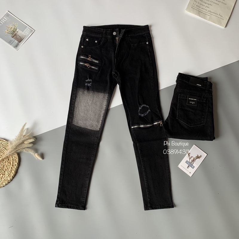 Quần jean bò nam Amiri slimfit thêu khoá zip đùi gối phối rách wash xám vuông 1 bên streetwear QJ16P