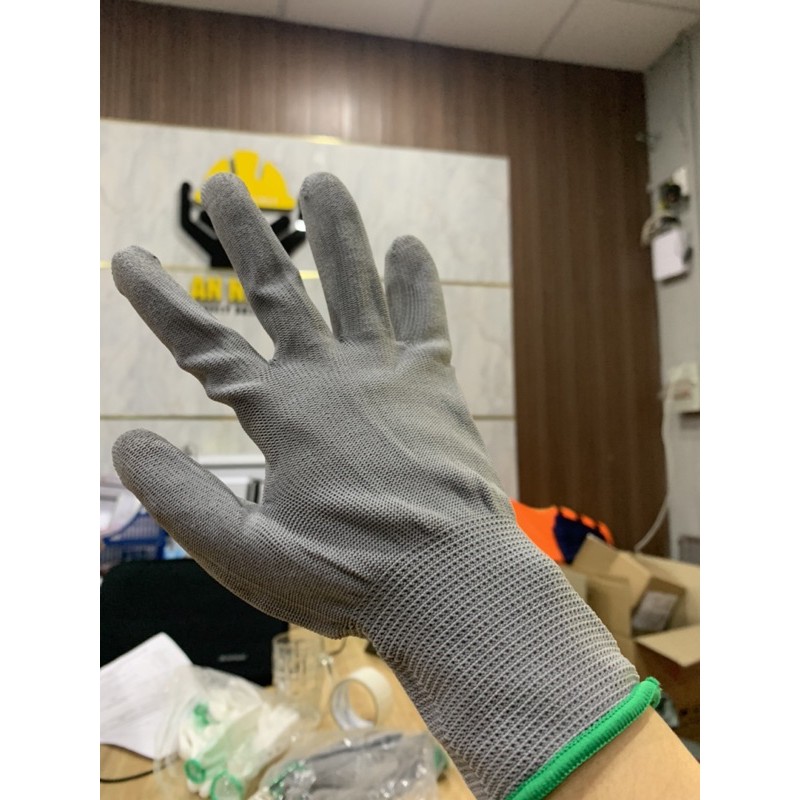 Găng tay lao động, găng tay bảo hộ xám phủ PU lòng bàn tay cao cấp cho xây dựng, cơ khí, làm gara oto. Combo 10 đôi