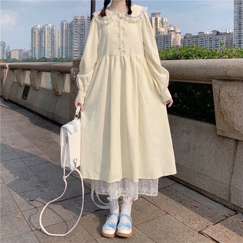 Váy babydoll Đầm Dáng Rộng Cổ Búp Bê Phối Ren Phong Cách Preppy Thời Trang Mùa Thu Mới Cho Nữ