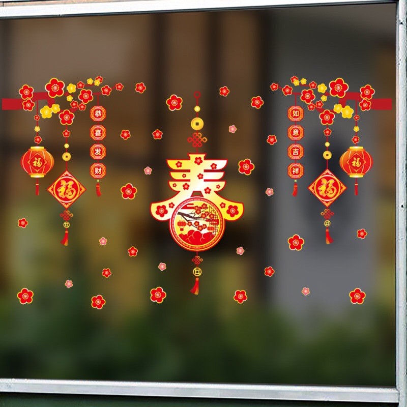 Decal dán tường tết HÍT TĨNH ĐIỆN Mai đỏ Chữ PHÚC viền
