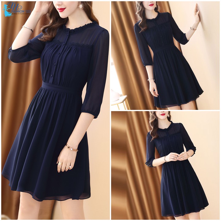 Đầm dáng xòe đầm dự tiệc váy nữ cao cấp tay lỡ màu xanh đen