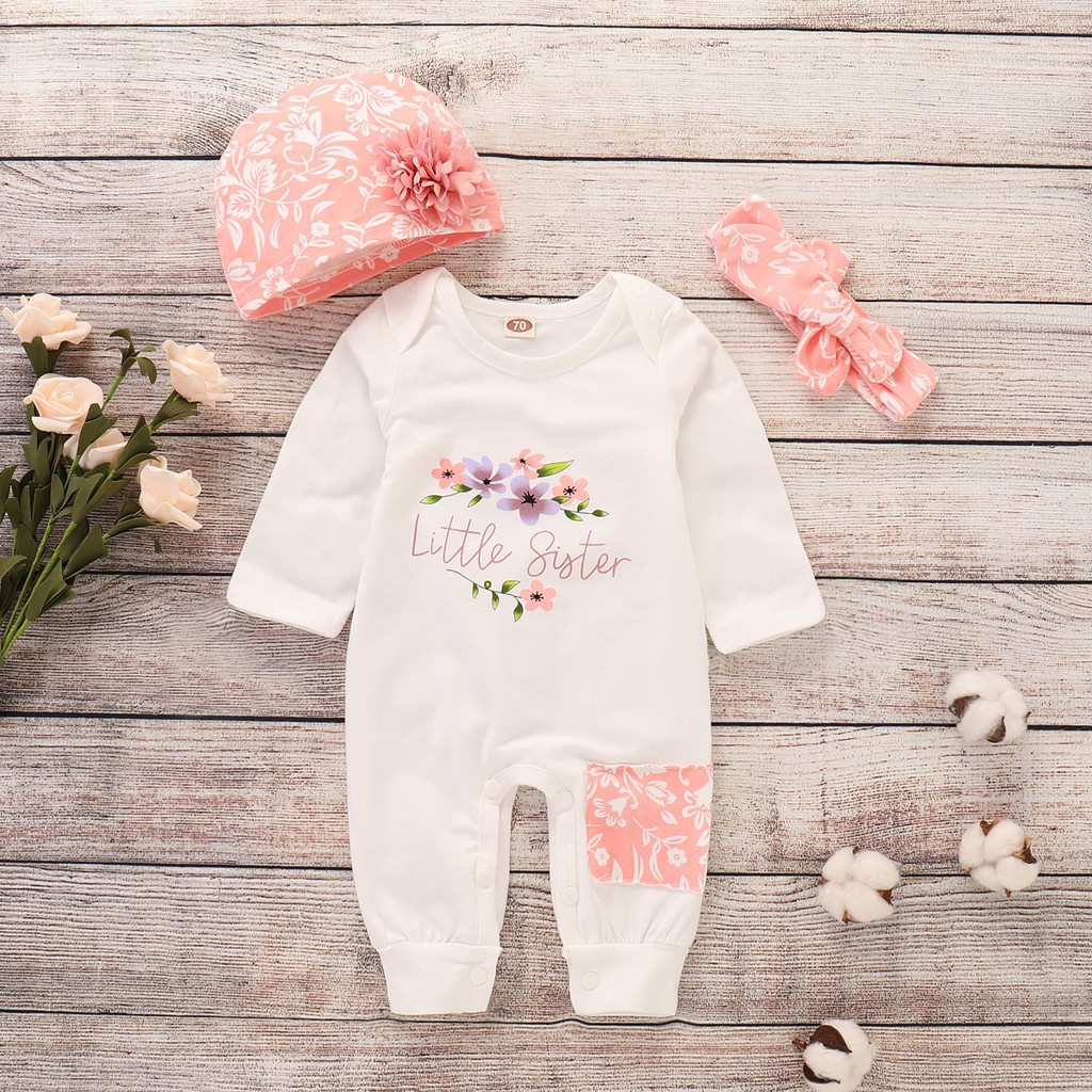 Set áo liền quần + mũ trùm đầu Mikrdoo đính hoa kèm băng đô nơ xinh xắn cho bé bodysuit cho bé