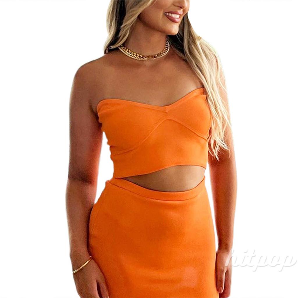 Hitpop-Women Summer Clothing Outfits Solid Color Sleeveless Tube Crop Tops with Casual High Waist Mini Skirt