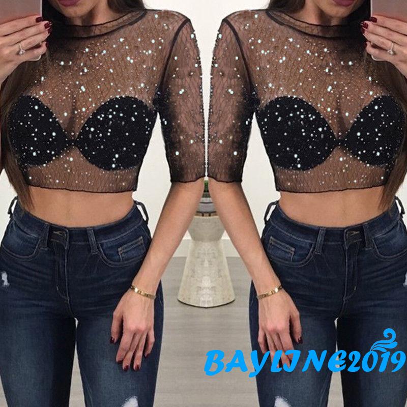 Áo Croptop Lưới Tay Lửng Xuyên Thấu Đính Kim Sa Lấp Lánh Dành Cho Nữ
