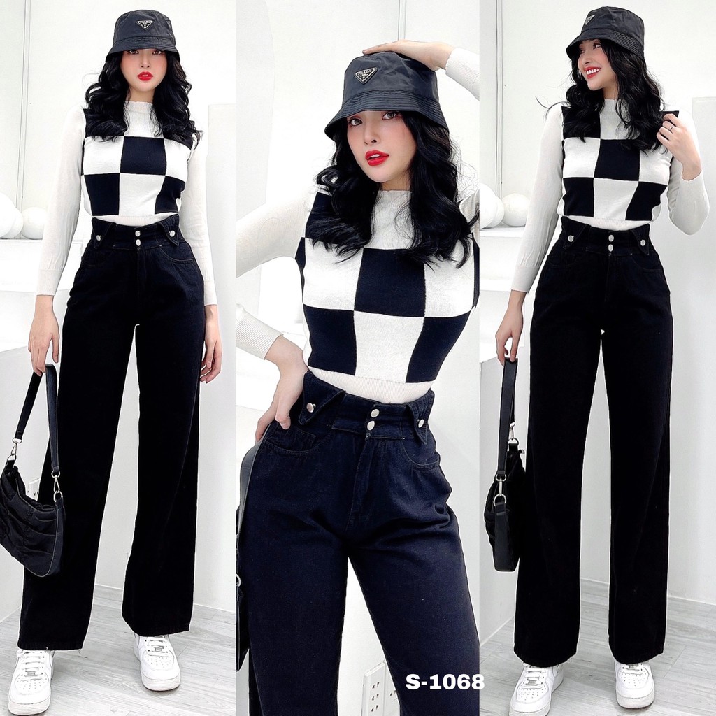 QUẦN JEANS ỐNG RỘNG NỮ LƯNG CAO 2 NÚT 2 TAI TAM GIÁC MÀU ĐEN, MÀU XÁM LAI CUỐN CHẤT BÒ DÀY DẶN MỀM MỊN CAO CẤP UTI