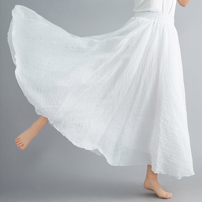Women Double Layer Linen Maxi Skirt Pleated Vintage Boho Maxi Long Casual Cotton Beach Skirt Dress