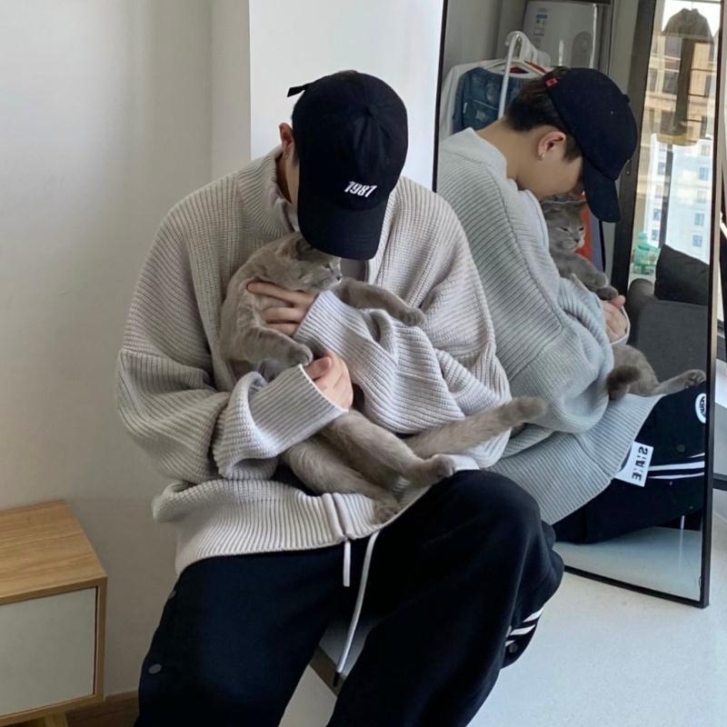 Áo sweater rộng rãi cổ áo đứng có dây kéo/Áo cổ lọ mặc thu đông cho nam