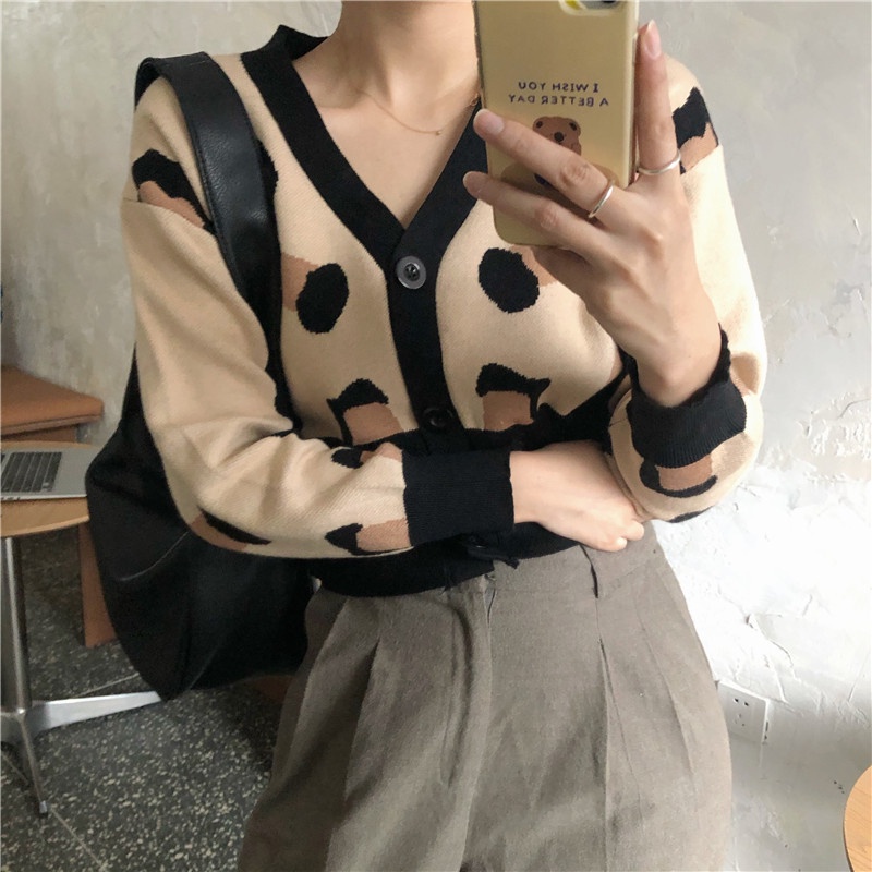 SUXI Áo khoác cardigan dệt kim cổ chữ v in họa tiết da báo thiết kế mới thời trang phong cách Hàn Quốc cho nữ