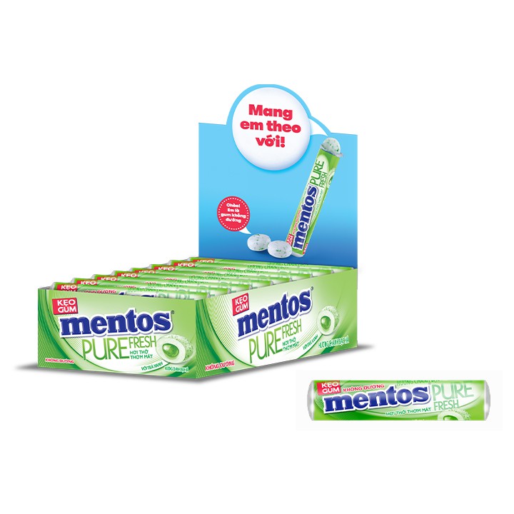 Kẹo Gum Không Đường Mentos Pure Fresh Dạng Thỏi Hương Chanh Bạc Hà (Hộp 16 Thỏi)