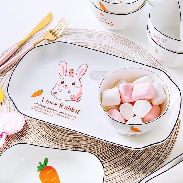 Đĩa sứ, bát sứ, thìa sứ, tô sứ hình LOVE RABBIT chú thỏ tinh nghịch ( bán lẻ) - VS379