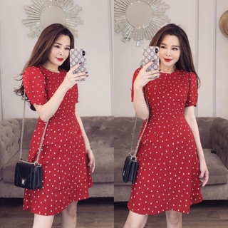 Đầm xoè cổ tròn tay phồng duyên dáng( kèm hình thật)