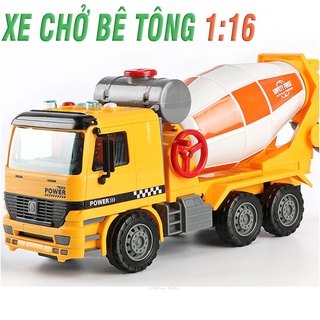 Mô hình ô tô xe chở bê tông đồ chơi trẻ em tỉ lệ 1:16 xe chạy đẩy trớn bằng bánh đà có đèn nháy