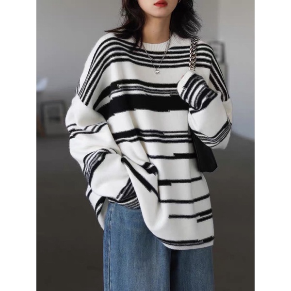 Áo len form rộng Nữ phối xọc ngang ulzzang