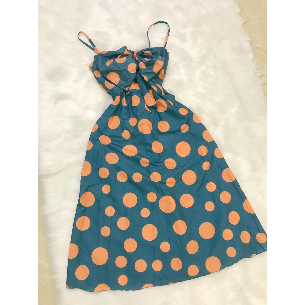 Đầm váy hai dây maxi chấm bi phối nơ (có mút ngực) màu sắc (Đen, Xanh) thanh lịch, dịu dàng thời trang nữ | BigBuy360 - bigbuy360.vn
