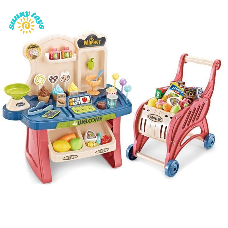 Bộ đồ chơi nấu ăn nhà bếp 40 chi tiết kèm xe đẩy siêu thị, combo đáng yêu cho bé đi chợ - SUNNY TOYS