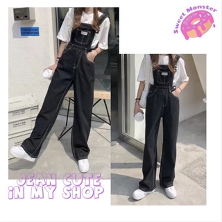Yếm jean đen basic, quần yếm jean đen ống rộng phong cách hàn quốc hottrend