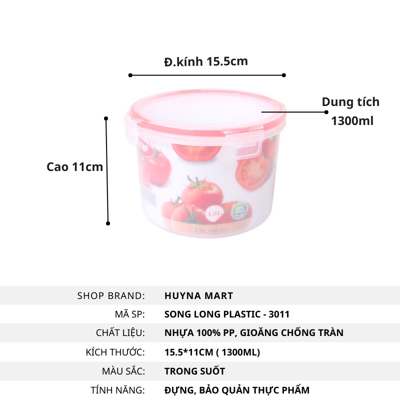 Hộp Đựng Thực Phẩm Tròn 4 Khóa 750ml/1300ml Song Long, Gioăng Chống Tràn 3010 / 3011 (Mới)