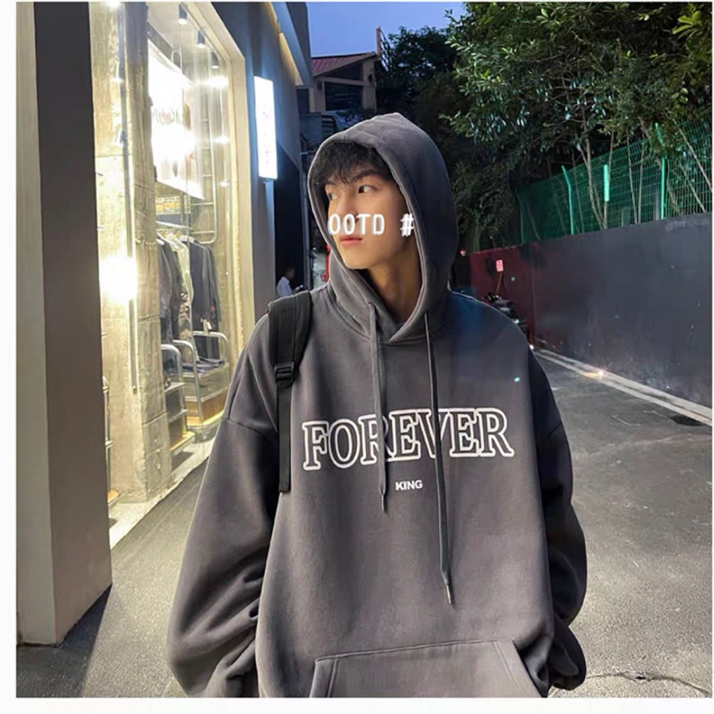 Áo nỉ có mũ in chữ Forever 3 màu xám, trắng đen, đủ size, chất dày dặn ấm áp, form rộng tay dài