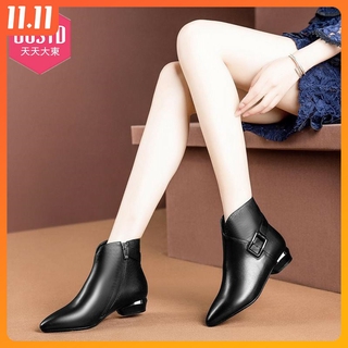 Giày Bốt Da Thật Mũi Nhọn Đế Dày Cổ Thấp Sành Điệu Thời Trang Thu Đông 2020 Cho Nữ