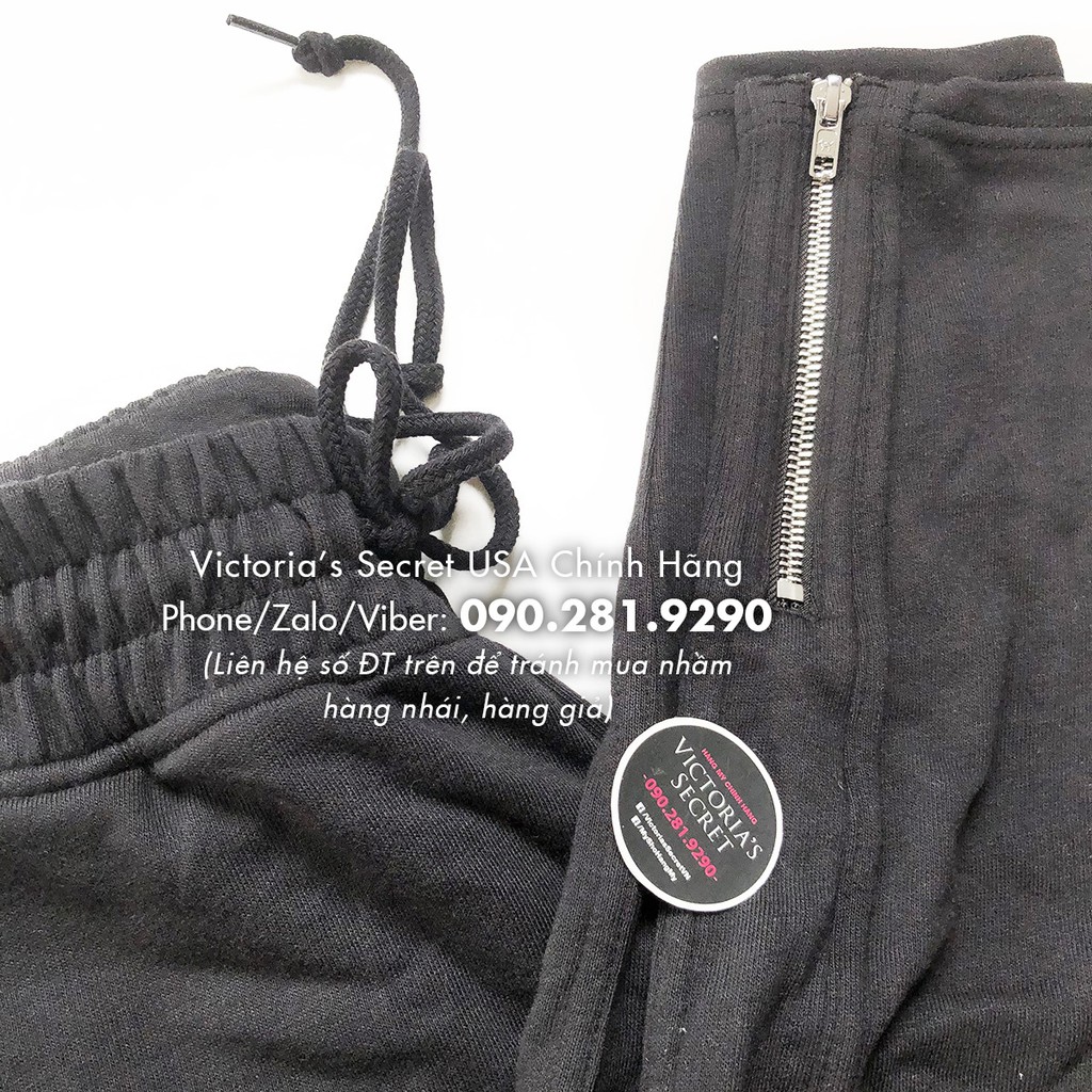 (Size S 63) Quần Jogger nhung đen, form ôm rộng thoải mái, có túi, Terry Track Pant, Black - Pink, Victoria's Secret