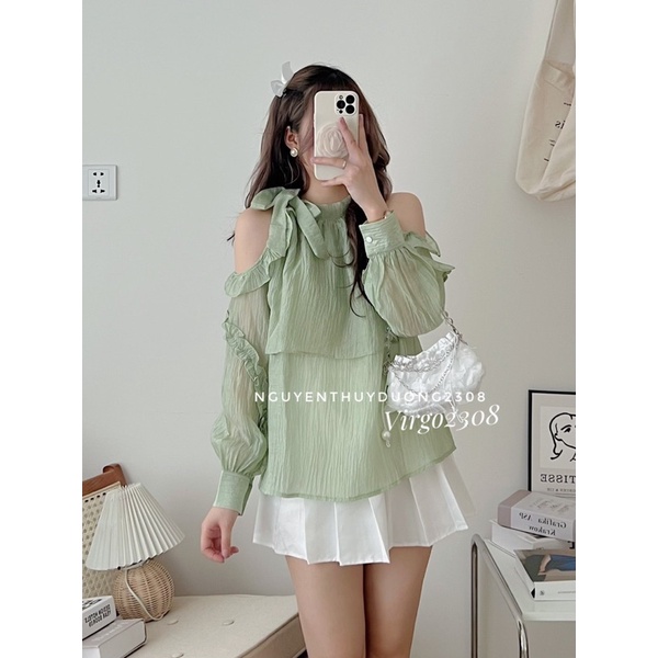 [NEW]ÁO TƠ RỚT VAI BÈO TAY THẮT NƠ CỔ “ZIMMY TOP” tiểu thư