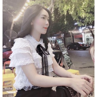 Áo sơ mi ren trắng cổ nơ hàng đẹp⚡️Ảnh thật