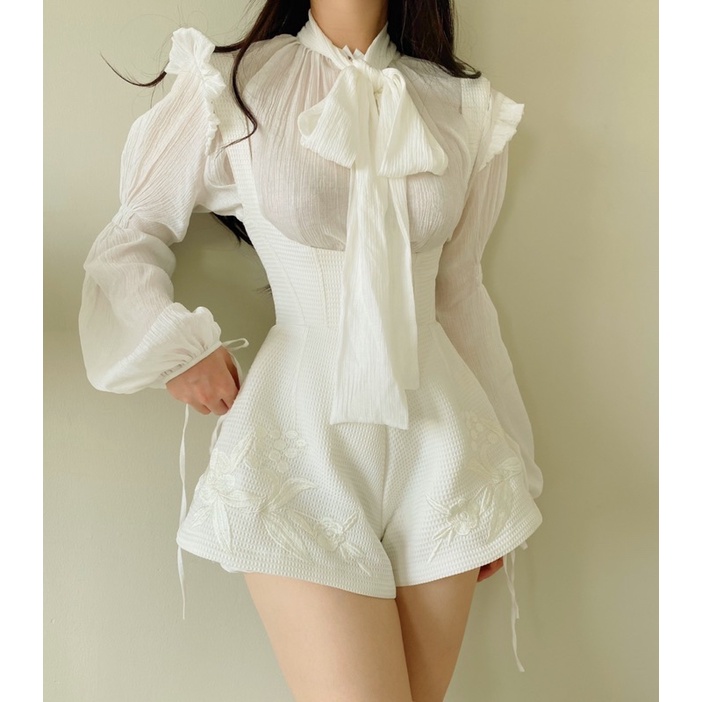 NUDIEYE - Set áo và quần yếm rời Jodi Chiffon Puff Sleeves Blouse và Mona Waffle Romper