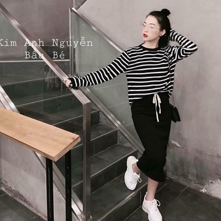 SET CHÂN VÁY LEN TĂM MIX ÁO KẺ BASIC