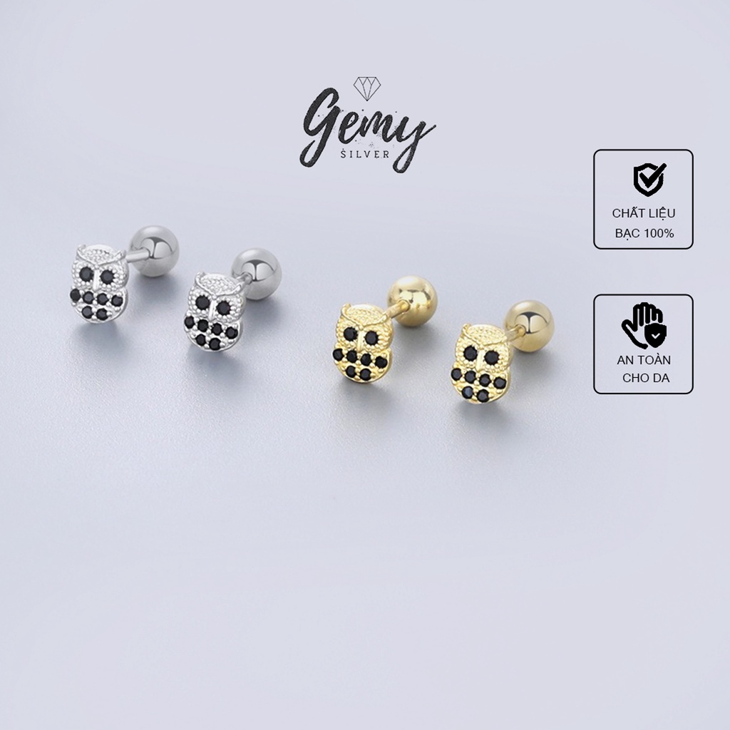 Khuyên tai nam bạc 925 mạ vàng mặt cú mèo đính đá chốt bi vặn cá tính, cực ngầu (1 chiếc) | GEMY SILVER KN14