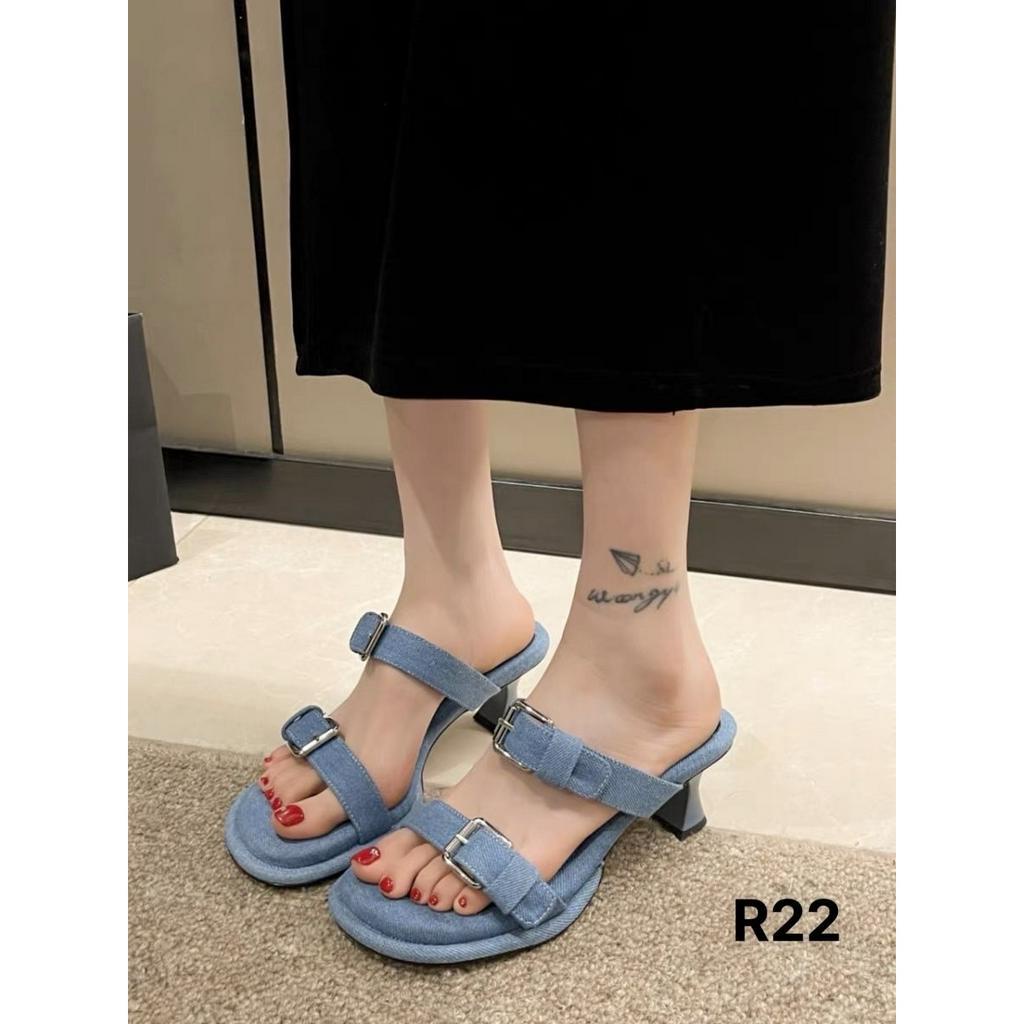Guốc nữ đế cao gót nhọn 5 phân vải bò xanh Denim 2 khuy cài điều chỉnh Hàng QC R22