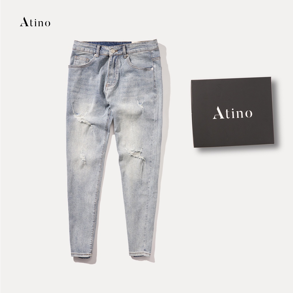 Quần Jean Nam Ghi Sáng Rách ATINO Chất Liệu Jean Pha Spandex Form Slim-Fit QJ1.1027