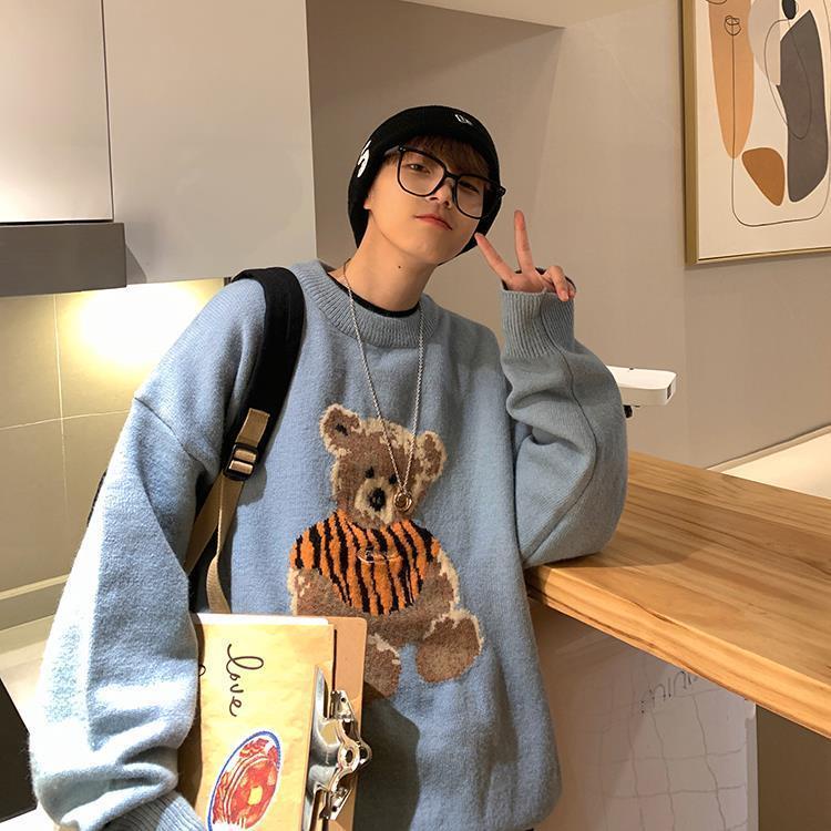 Áo sweater nam cổ tròn dáng rộng hình gấu thời trang thu đông phong cách Hàn Quốc