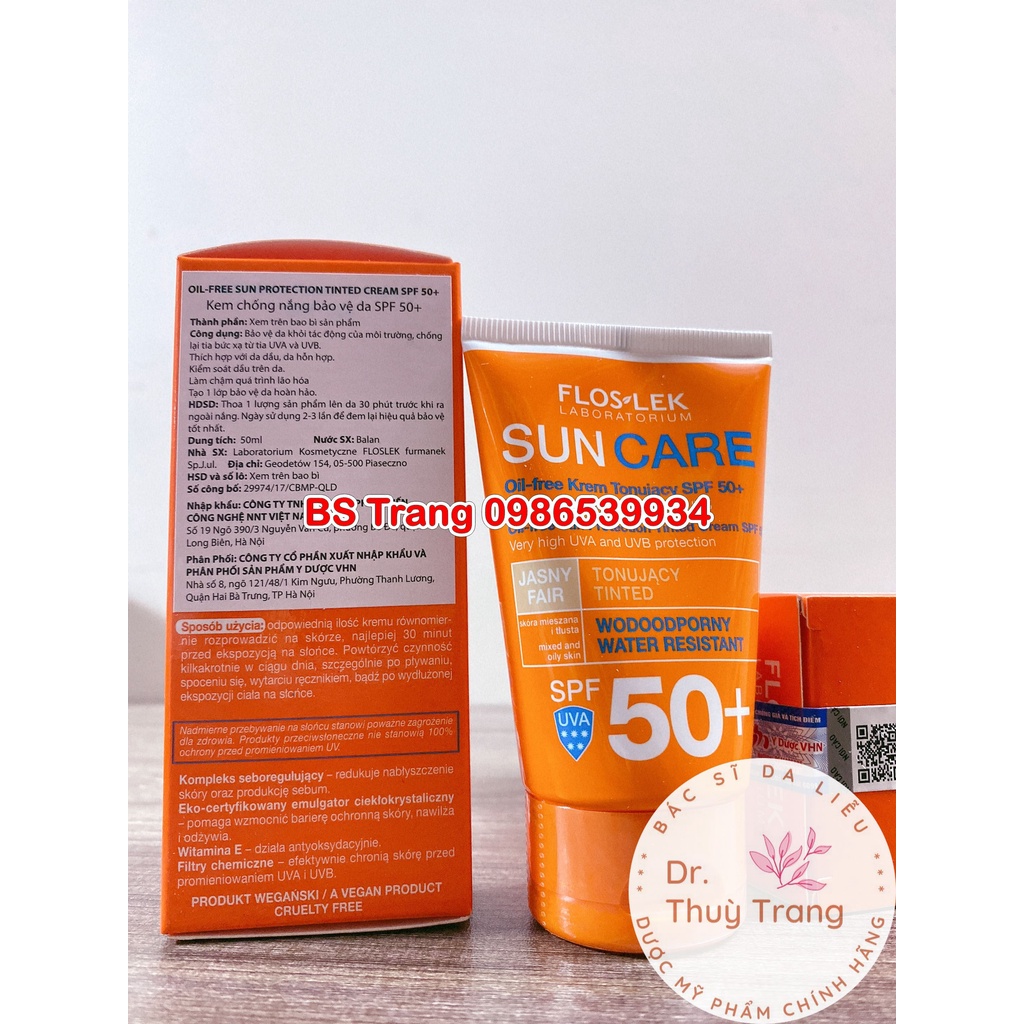 [TEM QR CHÍNH HÃNG] Kem chống nắng kiềm dầu Floslek Sun Care Oil Free Sun Protection Tinted Cream 50ml Floslek Suncare