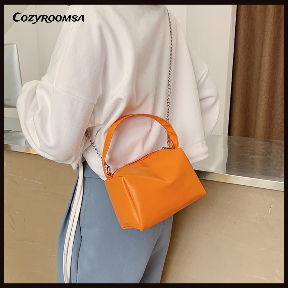Women PU Leather Solid Color Top-handle Handbag Tote Chain Shoulder Bag