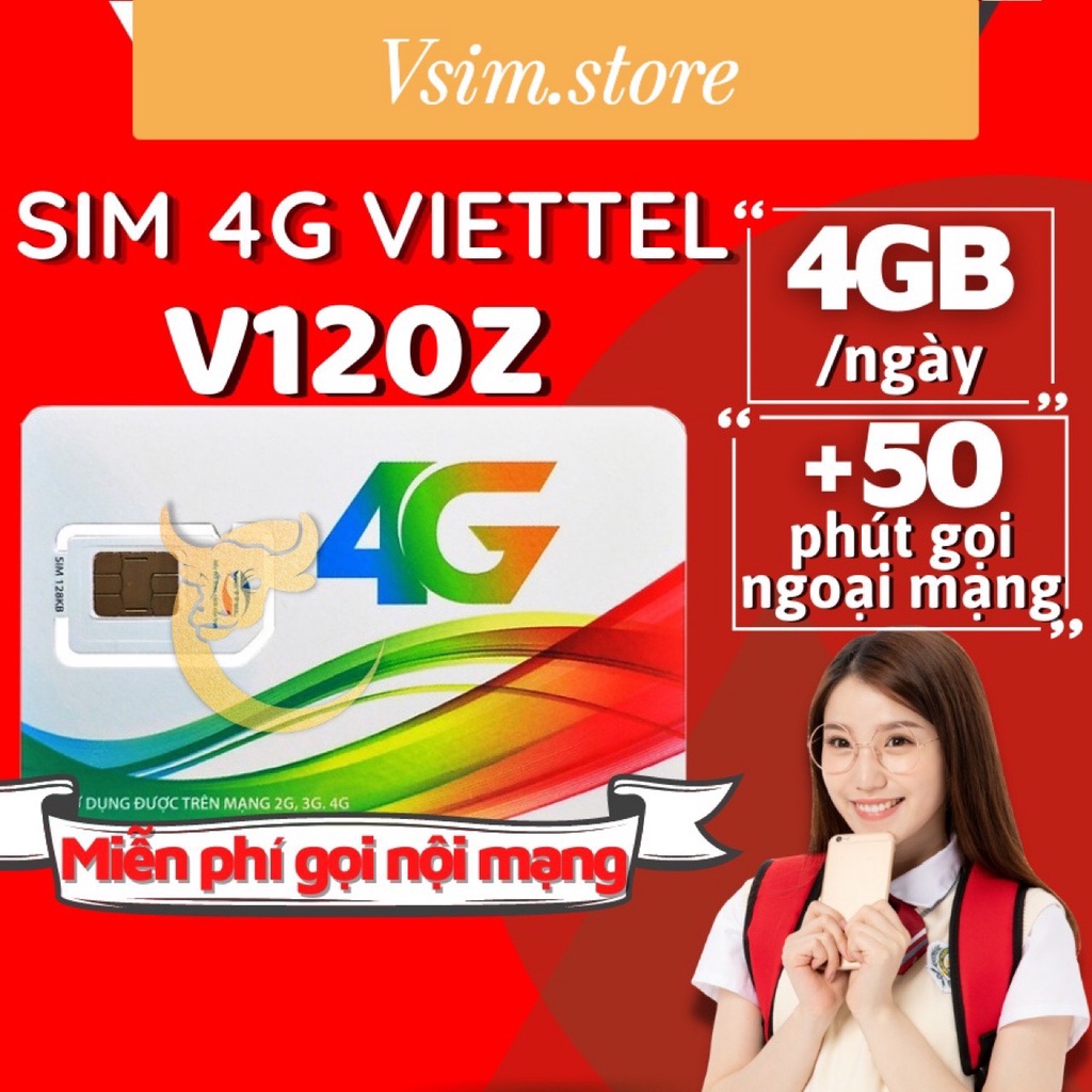Sim 4G VIETTEL V120Z Tặng 120Gb 1 Tháng, 4Gb 1 Ngày, Gọi Nội Mạng Miễn Phí, 50 Phút Ngoại Mạng