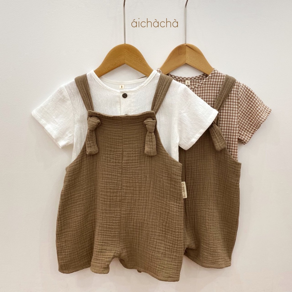 áichàchà - Set quần yếm và áo cộc tay Bun Set chất liệu muslin và thô đũi mát mẻ mùa hè cho bé trai bé gái