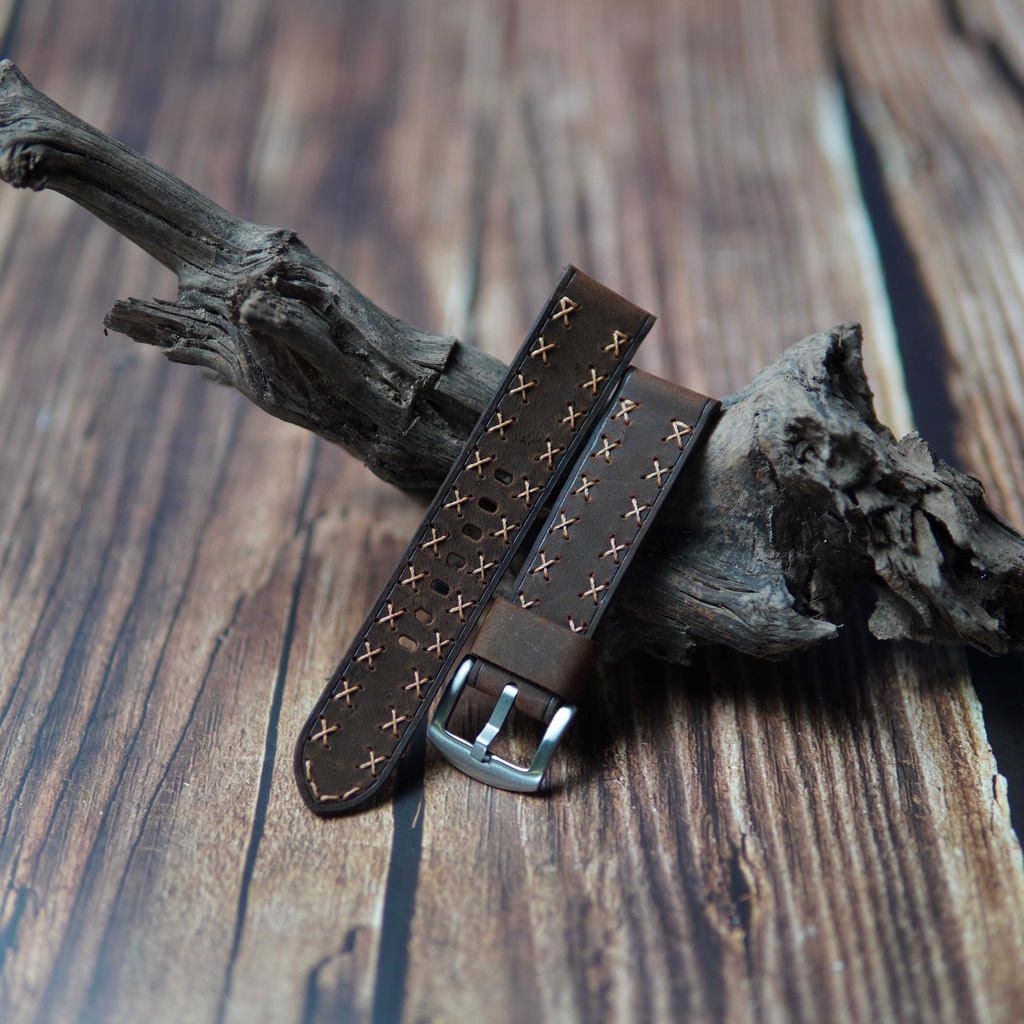 Dây đồng hồ da bò sáp 2 mặt, dây da đồng hồ cao cấp handmade khâu tay thủ công DX15 size 18mm, 20mm, 22mm