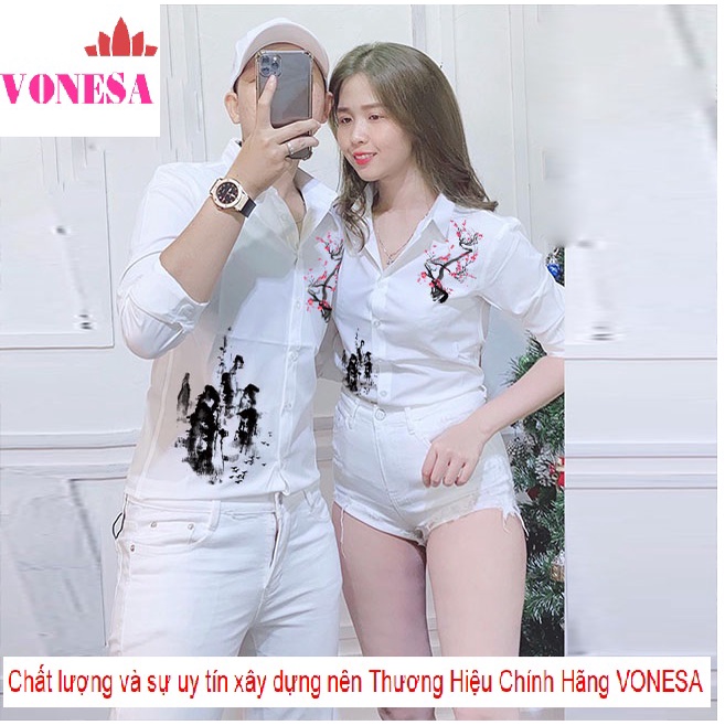 Áo Sơ Mi Cặp Đôi Nam Nữ Họa Tiết Hoa Đào Cao Cấp | Áo Đôi Nam Nữ Đẹp