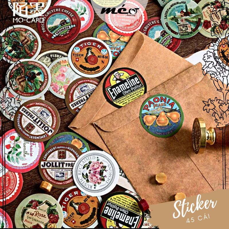 STICKER tem tròn Vintage hộp 45 miếng dán trang trí  sổ tay Bullet Journal, ốp lưng điện thoại -S07
