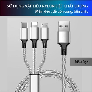 Cáp sạc đa năng bọc dù 3 trong 1 gồm lightning - micro usb - type c