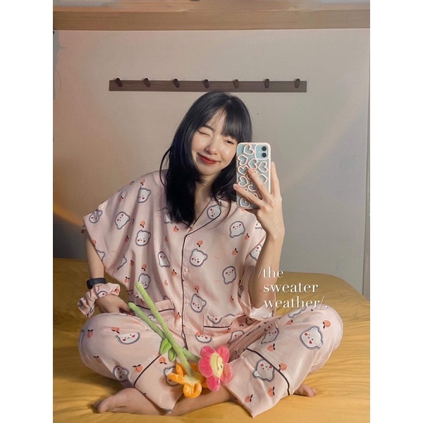 BỘ ĐỒ NGỦ SET PIJAMA QUẦN DÀI form rộng tay lỡ tặng kèm scrunchies, bộ ngủ dài (Ảnh thật) | BigBuy360 - bigbuy360.vn