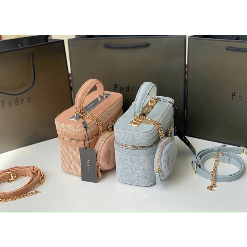 Túi hộp cốp trống Pedro boxy tweed kèm ví lông siêu xinh