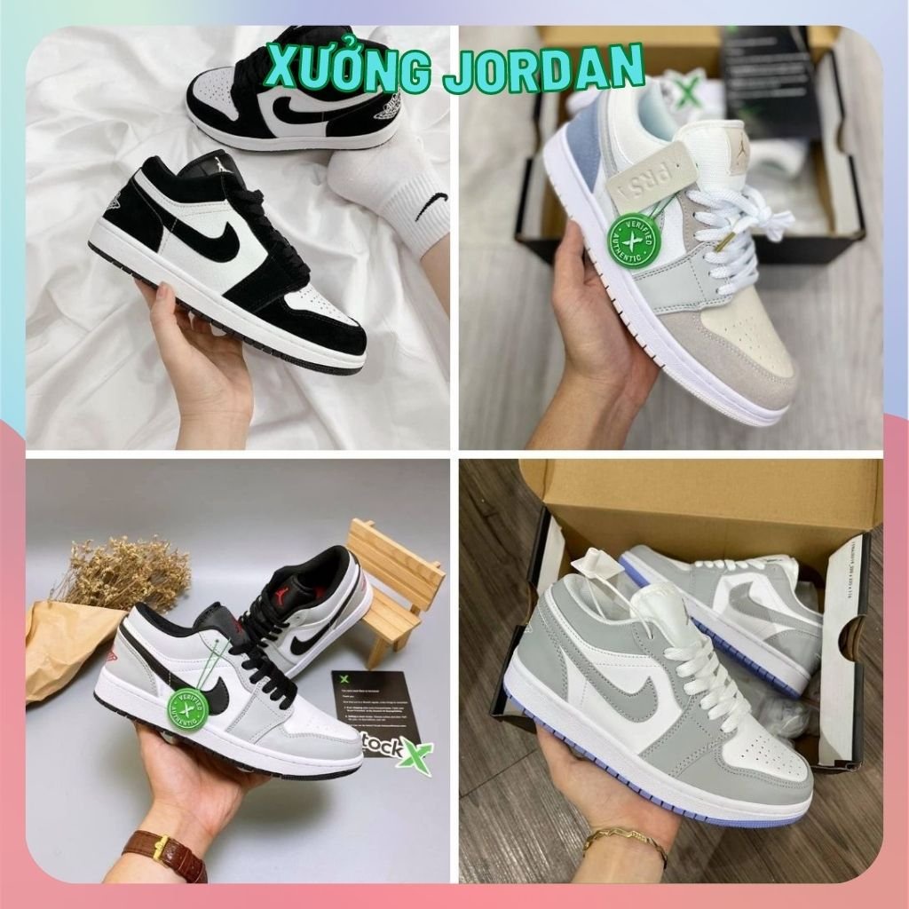 Giày jordan cổ thấp panda paris grey đế xanh smoke grey, Giày jordan 1 xám, đen trắng, đế xanh bản đẹp full box bill