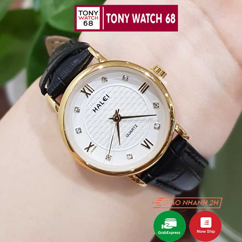 Đồng hồ đôi đeo tay nam nữ Halei dây da viền vàng chính hãng chống nước đính đá Tony Watch 68