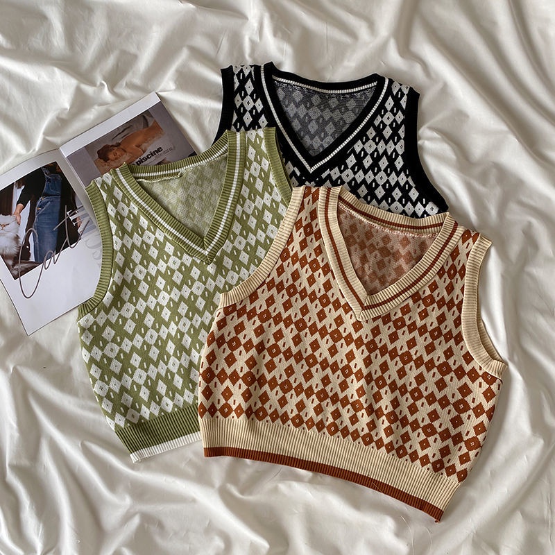 Áo dệt kim không tay đính đá họa tiết sọc caro phong cách Hàn Quốc thời trang xuân thu dễ phối đồ