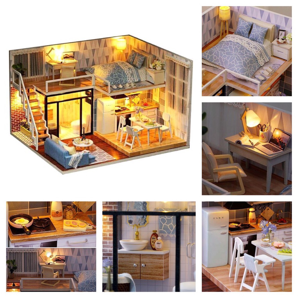 Mô hình nhà DIY Doll House Blue Time Kèm Mica Chống bụi L023