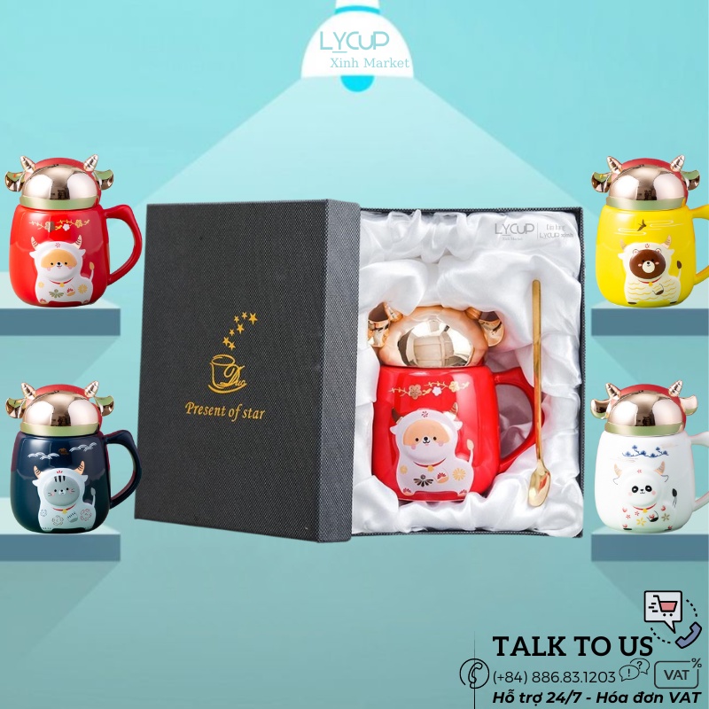 Cốc sứ TRÂU cao cấp CÓ NẮP GIỮ NHIỆT và THÌA dung tích 350ml, họa tiết BUFFALO, ly sứ quà tặng thông điệp vui vẻ ý nghĩa